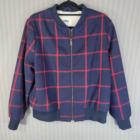 Old Navy Plaid Wool Zip Up Bomber Jacket Sherpa Lined Women's Size Large Pocket - Picture 1 of 10